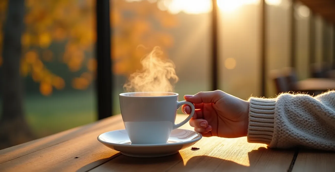 Gros plan sur une main tenant une tasse de café fumant sous une pergola vitrée, condensation sur les vitres, fond de jardin automnal