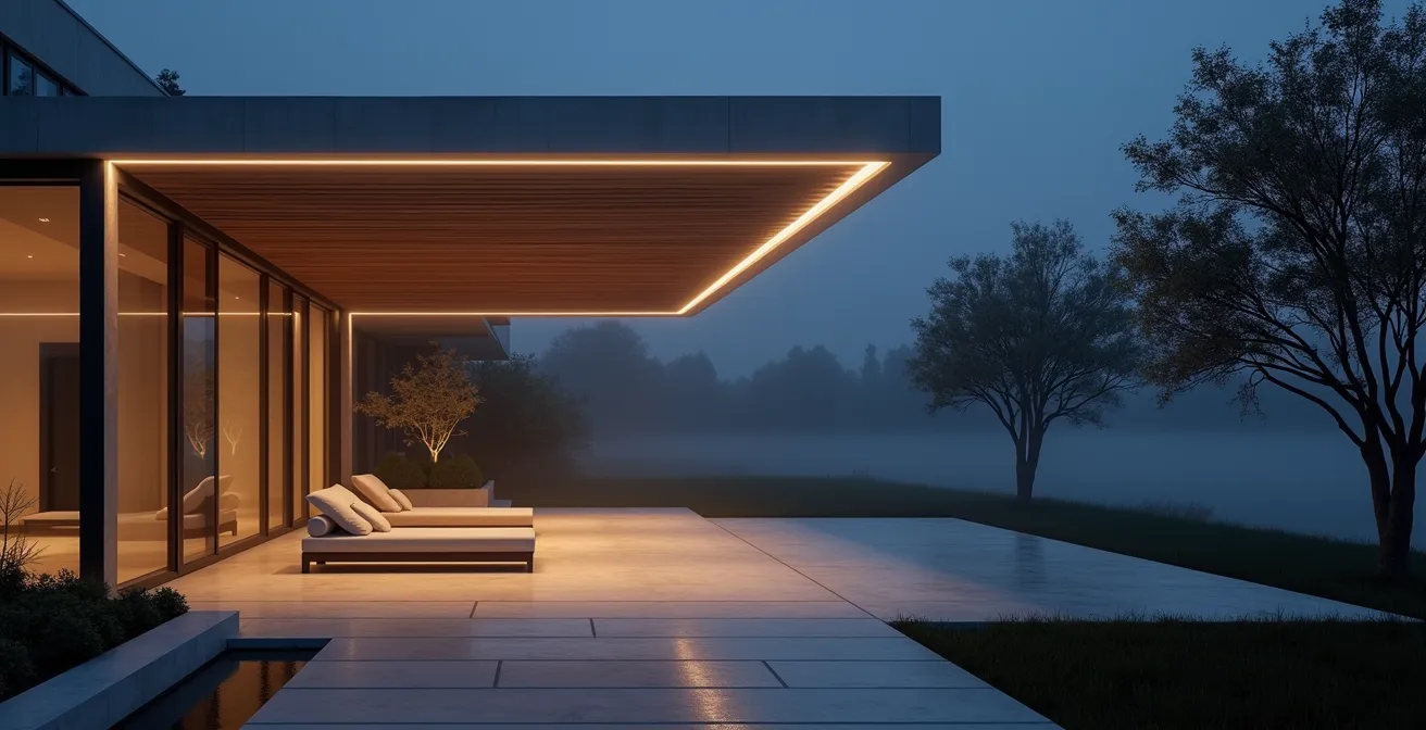 Vue large nocturne d’une pergola éclairée par des LED encastrées, atmosphère chaleureuse dans un jardin minimaliste