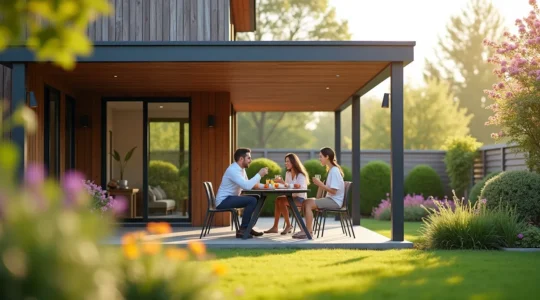 Vue naturaliste d'une famille profitant d'une pergola moderne dans un jardin ensoleillé, ambiance chaleureuse sans éléments textuels ni logos