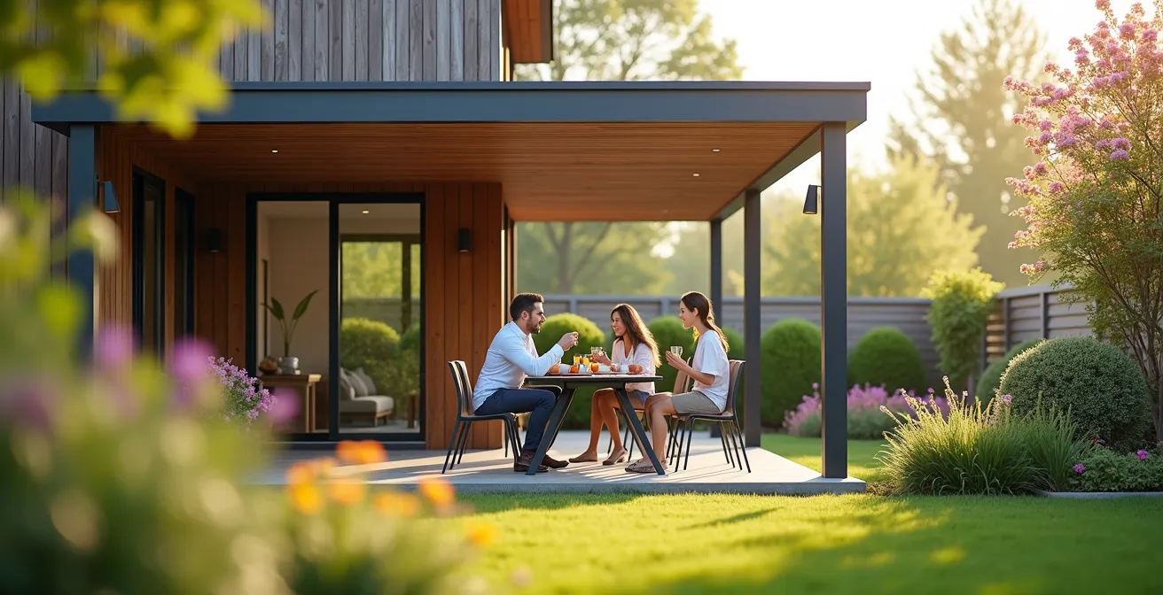 Vue naturaliste d'une famille profitant d'une pergola moderne dans un jardin ensoleillé, ambiance chaleureuse sans éléments textuels ni logos