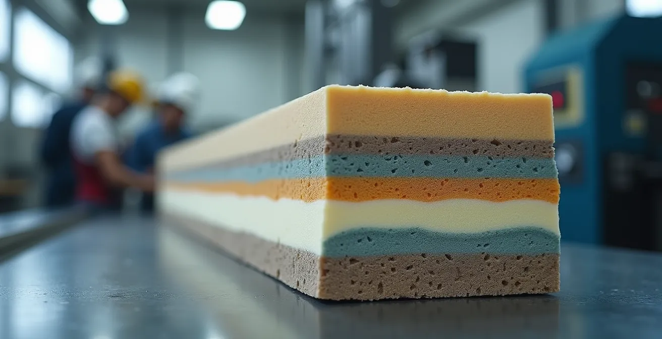 Vue en coupe d'un volet composite montrant la structure sandwich multicouche