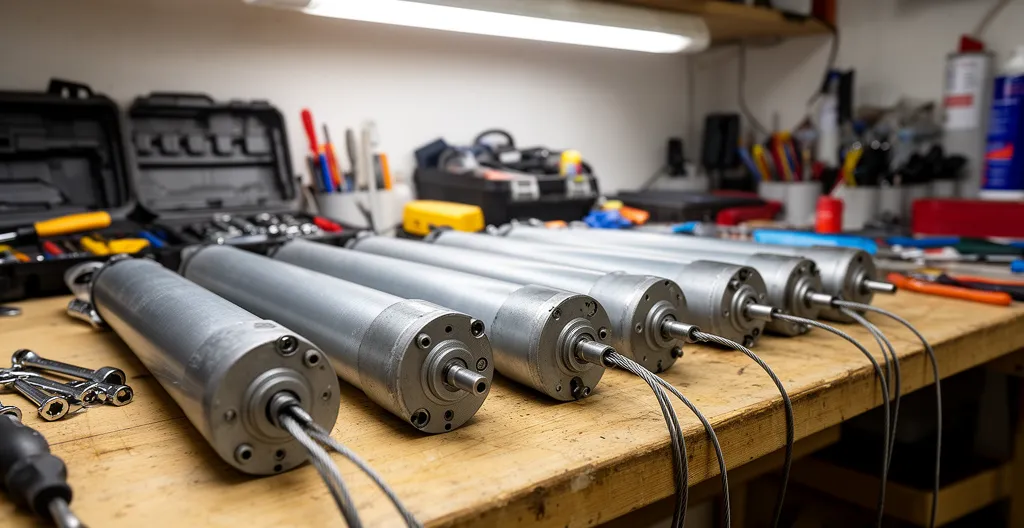 Plusieurs moteurs tubulaires alignés sur un établi de travail