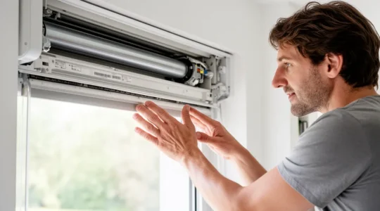 Personne observant un coffre de volet roulant ouvert avec moteur tubulaire visible