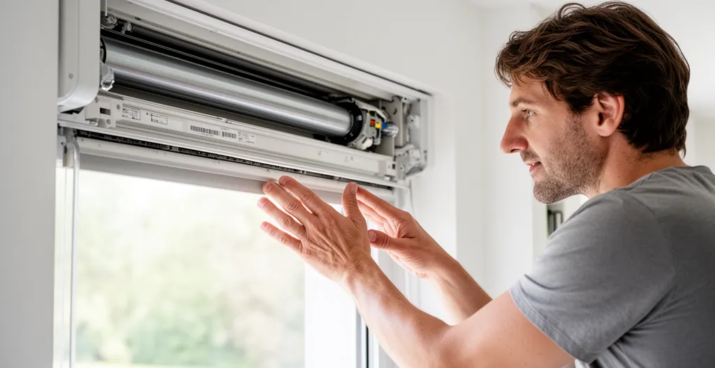 Personne observant un coffre de volet roulant ouvert avec moteur tubulaire visible