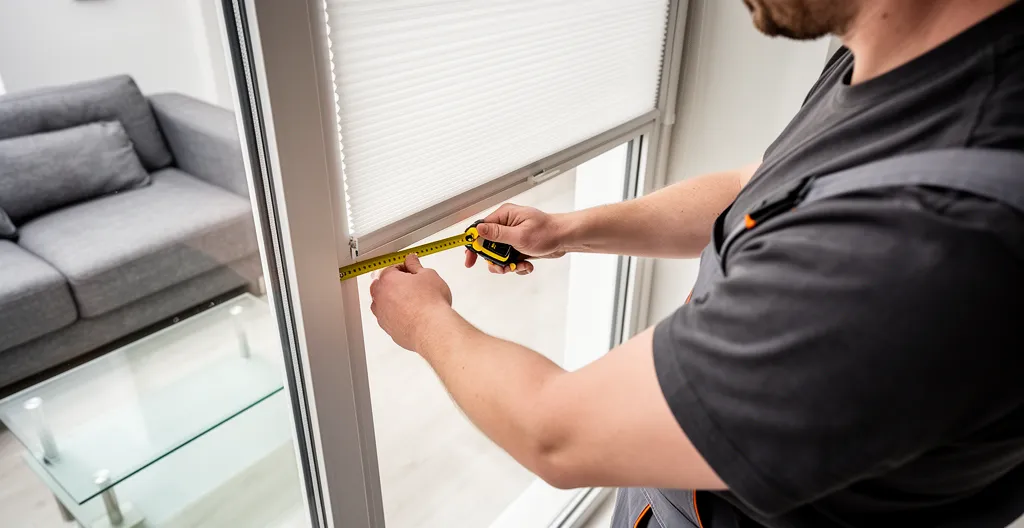 Technicien mesurant la largeur d'un volet roulant avec un mètre ruban