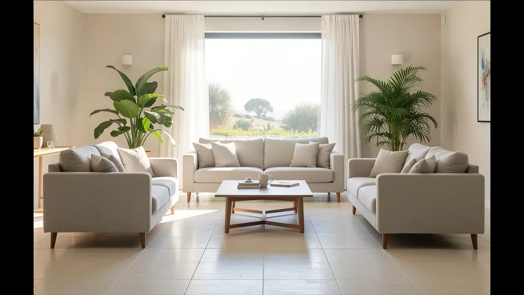 Salon méditerranéen avec grande baie vitrée et lumière naturelle filtrée réduisant la chaleur intérieure