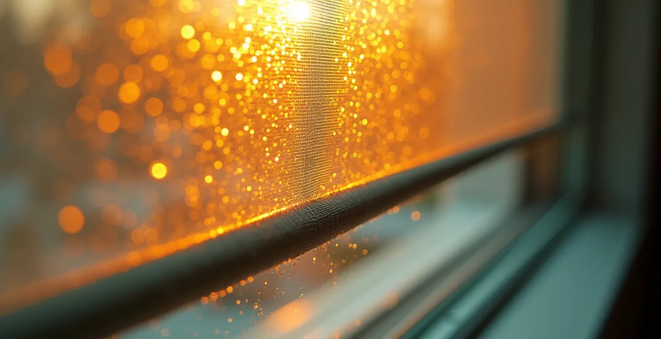 Gros plan macro sur une vitre exposée au soleil montrant la chaleur piégée entre le verre et un tissu textile, illustrant le phénomène de coussin thermique