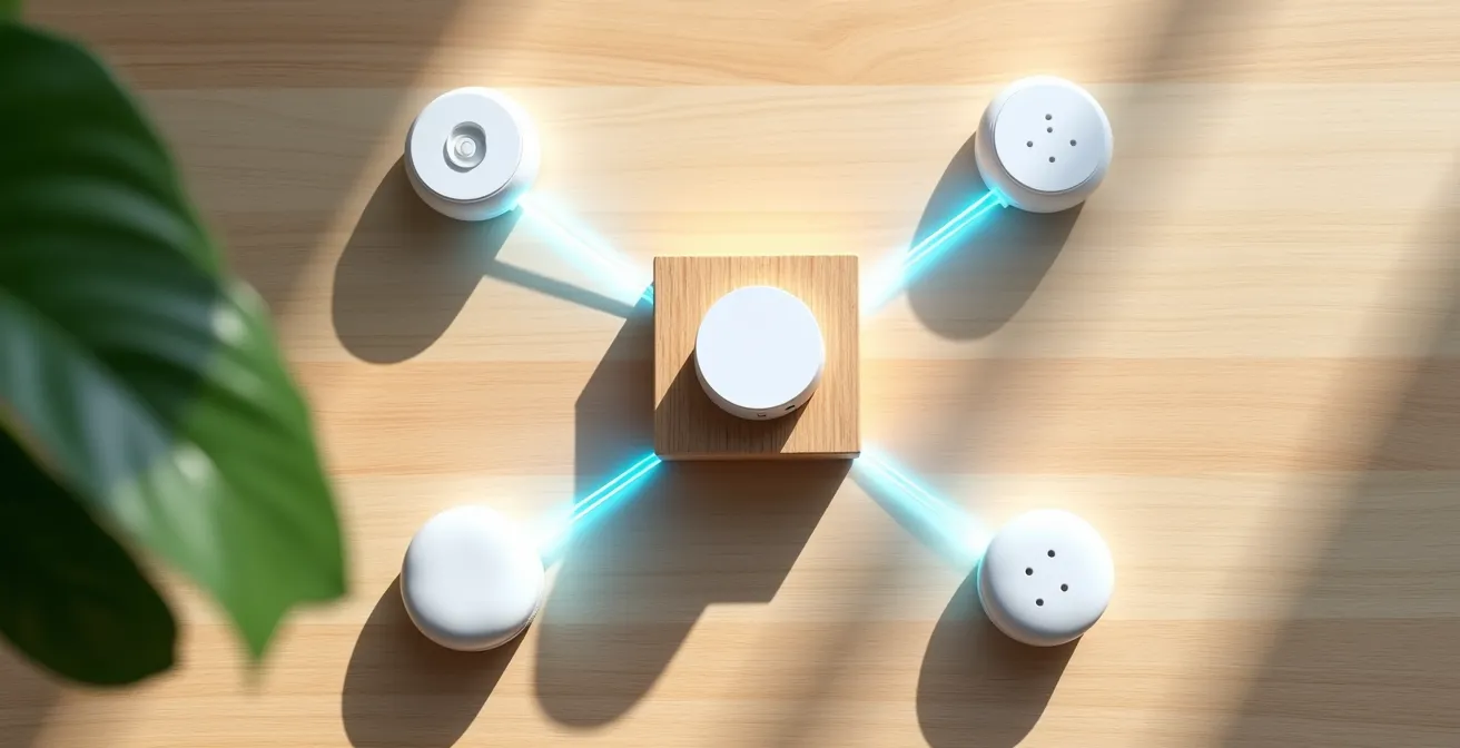 Vue symbolique d'un réseau maillé domotique représenté par des modules connectés entre eux dans une pièce, illustrant la communication Zigbee entre appareils