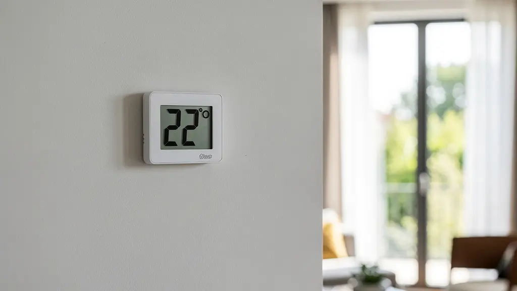 Thermomètre mural moderne affichant une température confortable dans un salon ensoleillé