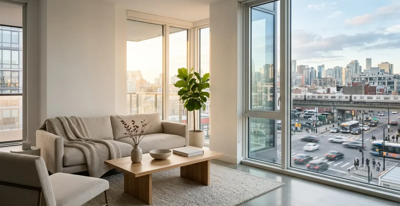 Vue intérieure d'un appartement moderne avec grande baie vitrée donnant sur une ville animée, atmosphère paisible contrastant avec l'activité urbaine visible à l'extérieur