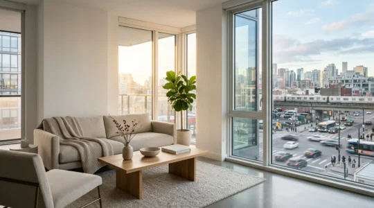 Vue intérieure d'un appartement moderne avec grande baie vitrée donnant sur une ville animée, atmosphère paisible contrastant avec l'activité urbaine visible à l'extérieur