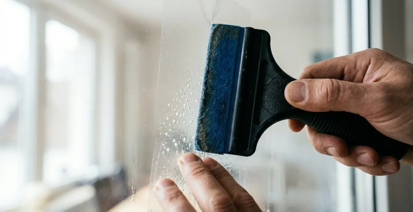 Installation professionnelle d'un film de sécurité transparent sur une baie vitrée