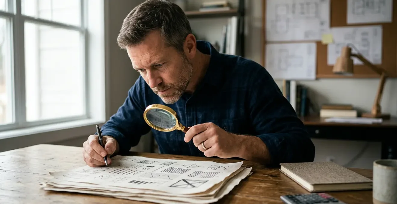 Propriétaire examinant attentivement des documents officiels dans un bureau éclairé par la lumière naturelle
