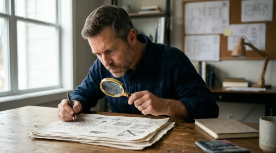 Propriétaire examinant attentivement des documents officiels dans un bureau éclairé par la lumière naturelle