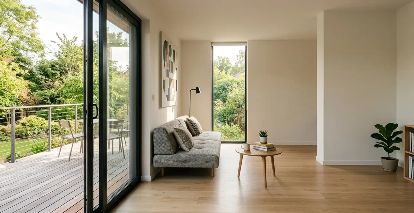 Vue d'un petit salon lumineux de 20m² avec baie coulissante contemporaine
