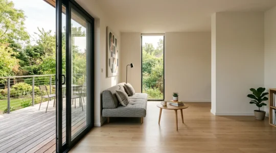 Vue d'un petit salon lumineux de 20m² avec baie coulissante contemporaine