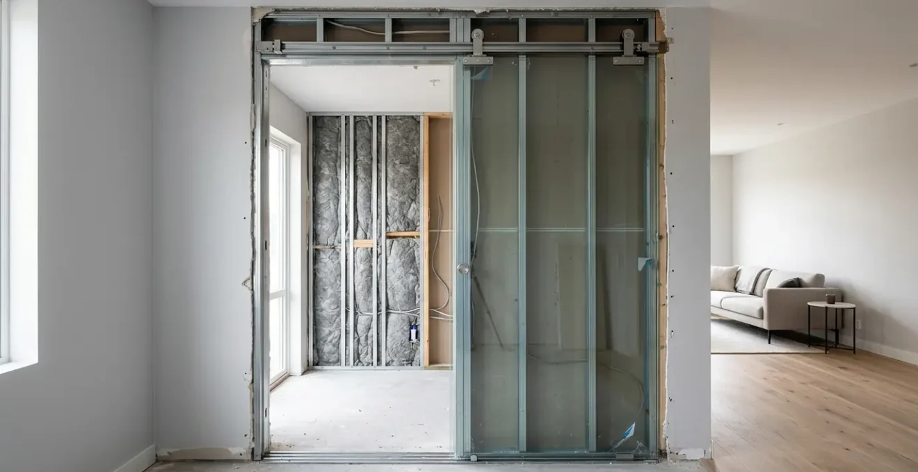 Vue d'ensemble d'une baie à galandage en cours d'installation dans un mur en rénovation, montrant le processus sans reconstruction complète