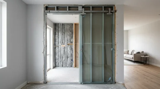 Vue d'ensemble d'une baie à galandage en cours d'installation dans un mur en rénovation, montrant le processus sans reconstruction complète
