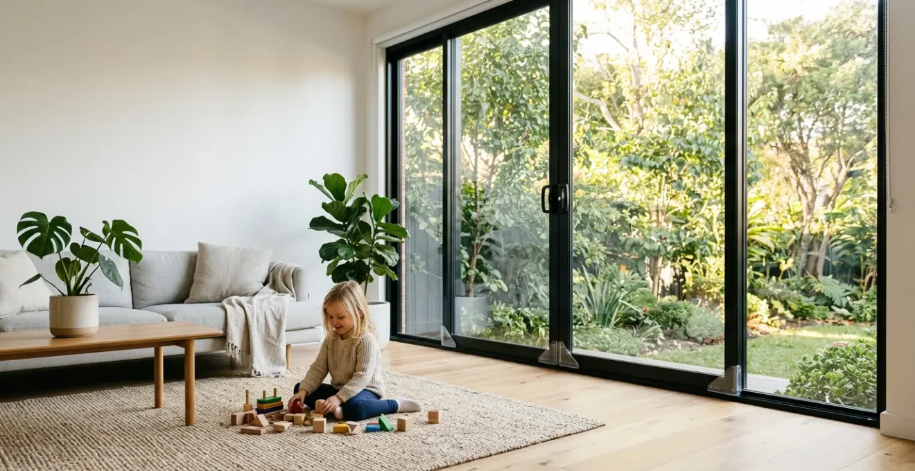 Grande baie vitrée lumineuse dans un salon familial avec dispositifs de sécurité discrets et enfant jouant à distance sécuritaire