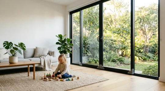 Grande baie vitrée lumineuse dans un salon familial avec dispositifs de sécurité discrets et enfant jouant à distance sécuritaire