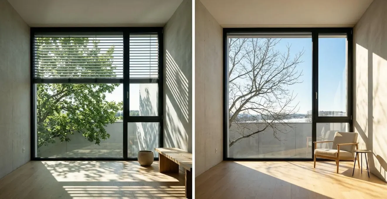 Comparaison visuelle du comportement d'un vitrage en été et en hiver avec facteur solaire