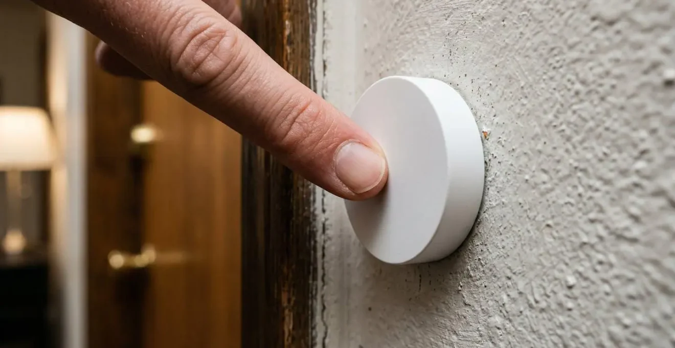 Gros plan sur une main appuyant sur un bouton connecté moderne près d'une porte d'entrée