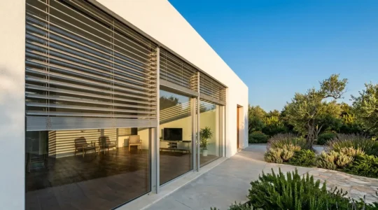 Brise-soleil orientable moderne installé sur une grande baie vitrée orientée plein sud