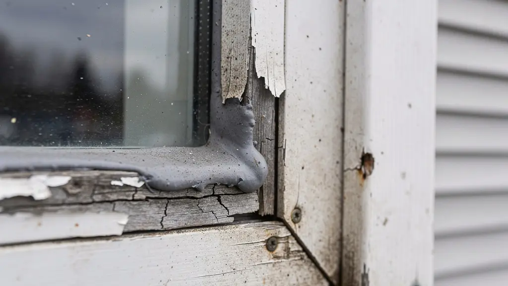 Joint de calfeutrage fissuré et décollé sur cadre de fenêtre résidentielle au Québec