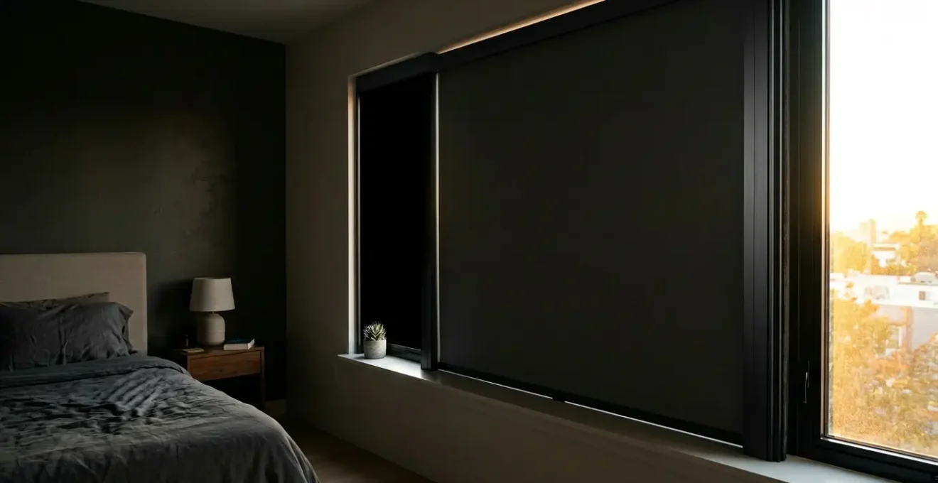 Vue détaillée d'une fenêtre de chambre équipée d'un système d'occultation complet avec coulisses latérales