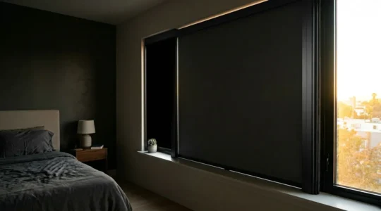 Vue détaillée d'une fenêtre de chambre équipée d'un système d'occultation complet avec coulisses latérales
