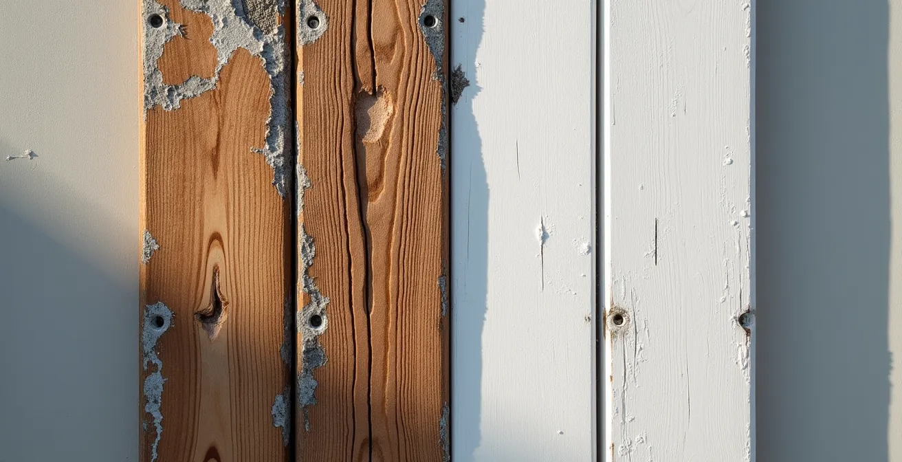 Comparaison visuelle de l'entretien entre menuiserie bois dégradée et PVC composite intact