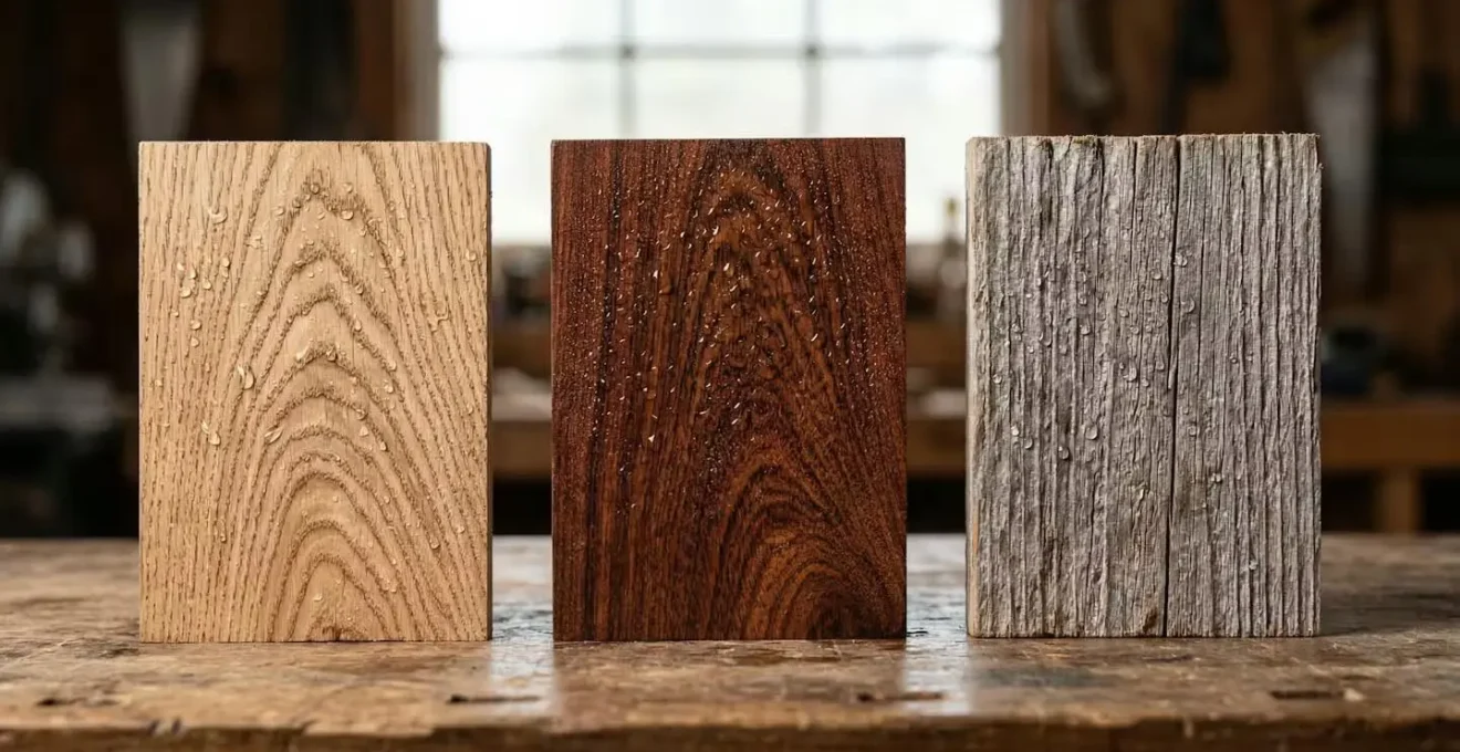Gros plan sur différentes essences de bois pour fenêtres montrant les textures et couleurs naturelles