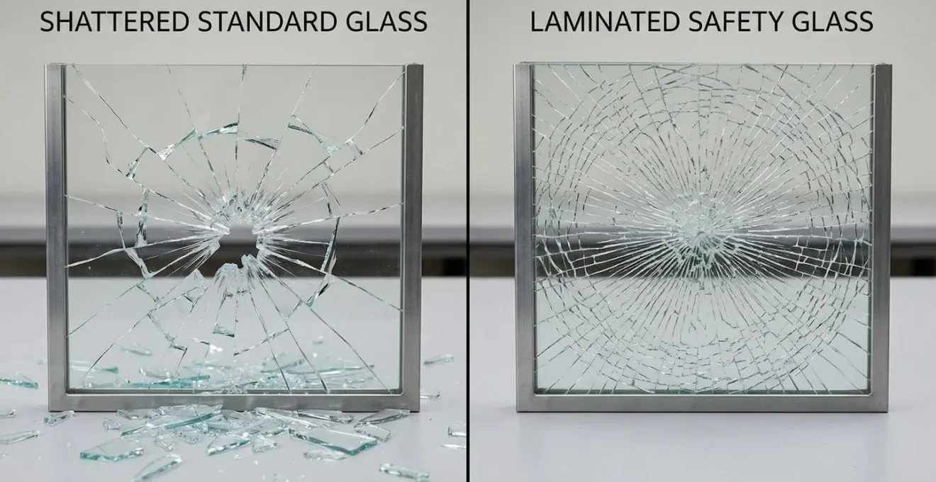 Démonstration côte à côte d'un verre standard brisé en éclats et d'un verre feuilleté fissuré mais intact