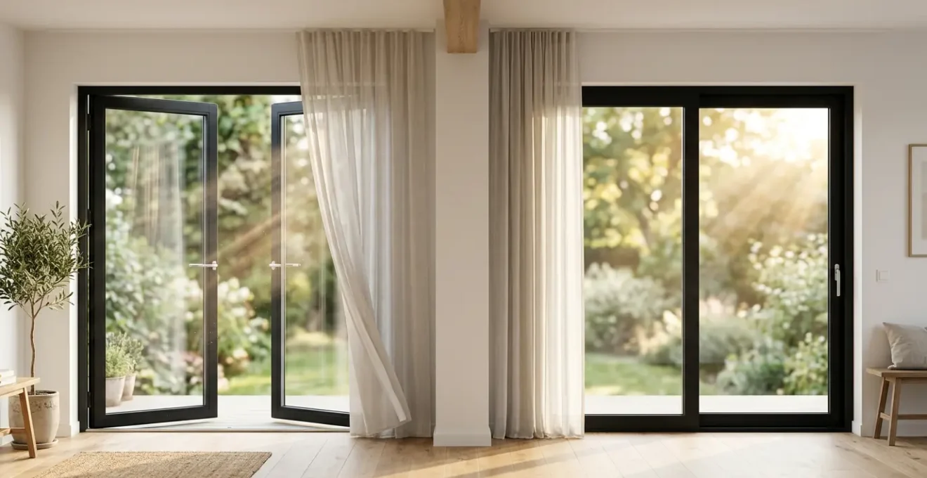 Comparaison visuelle d'une porte-fenêtre battante et coulissante avec mise en évidence de leur étanchéité au vent