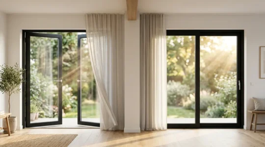 Comparaison visuelle d'une porte-fenêtre battante et coulissante avec mise en évidence de leur étanchéité au vent