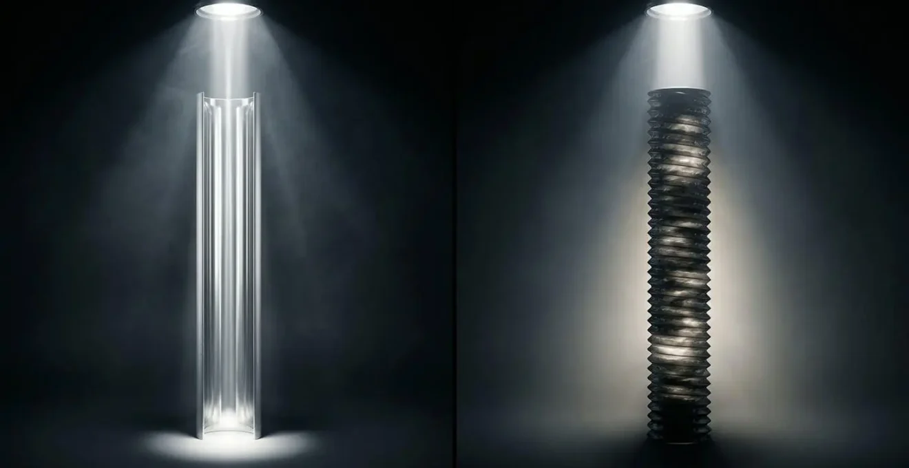 Schéma comparatif montrant la trajectoire des rayons lumineux dans un tube rigide versus un tube flexible