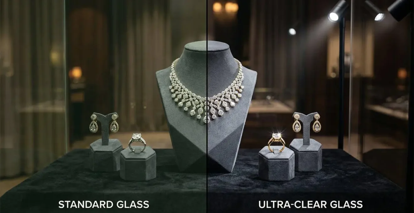 Comparaison visuelle entre vitrage standard et extra-clair pour vitrine de bijouterie