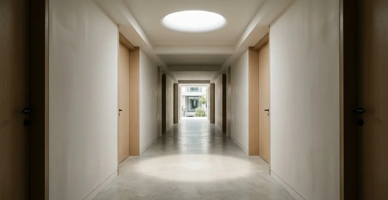 Couloir intérieur moderne éclairé naturellement par un conduit de lumière tubulaire au plafond
