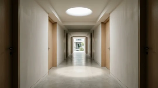 Couloir intérieur moderne éclairé naturellement par un conduit de lumière tubulaire au plafond