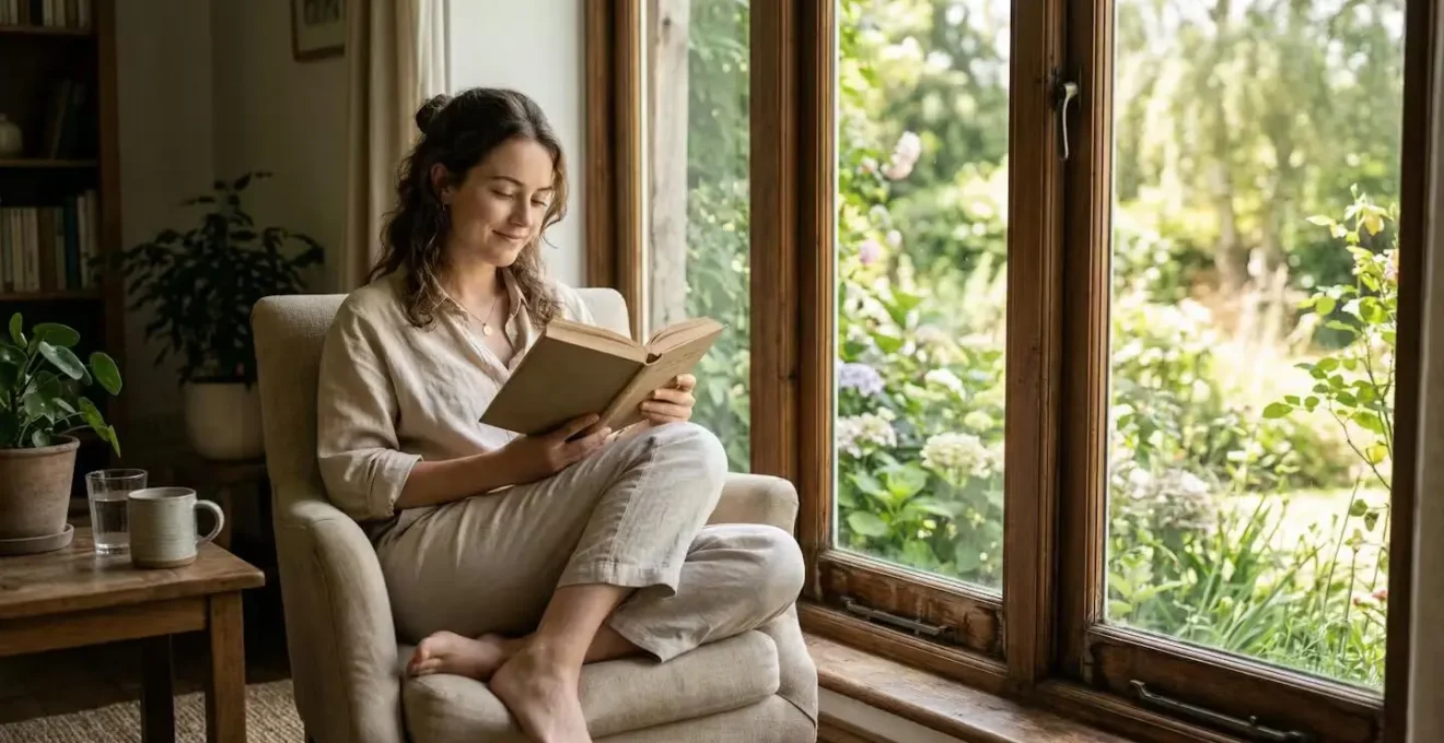 Intérieur lumineux avec fenêtres en bois créant une ambiance fraîche en été