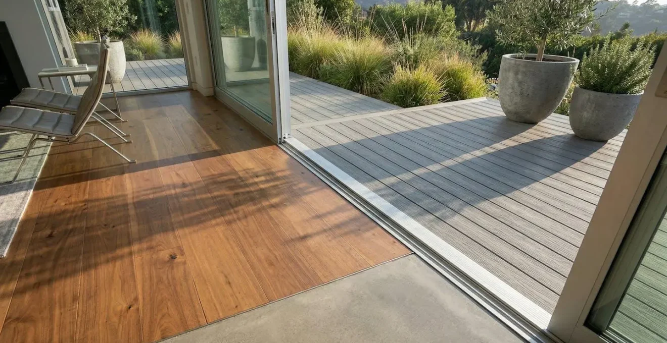 Vue en plongée d'une transition parfaite entre parquet intérieur et terrasse bois avec seuil PMR invisible