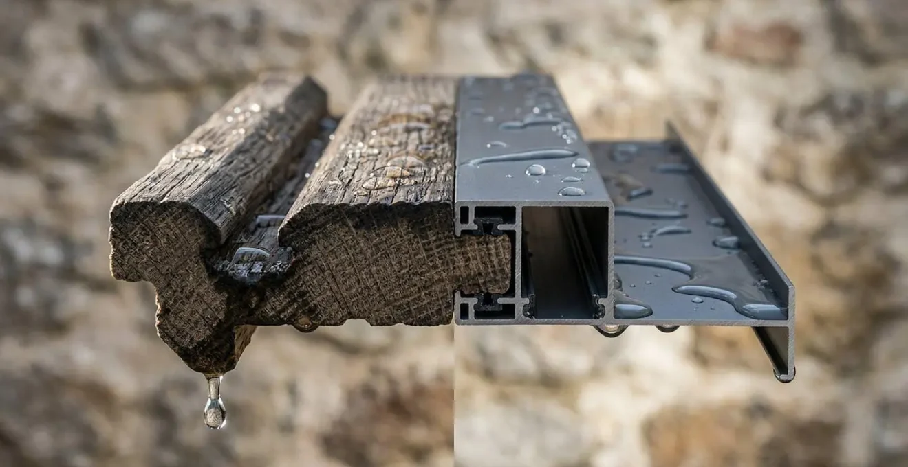 Vue en coupe d'un rejet d'eau traditionnel en bois avec goutte pendante et profilé aluminium intégré
