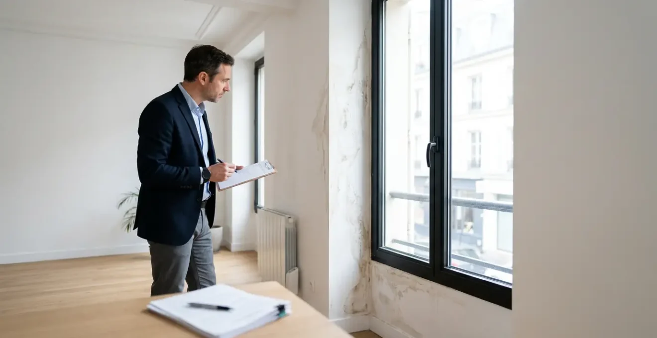 Expert examinant des infiltrations d'eau autour d'une fenêtre avec documents d'assurance sur table