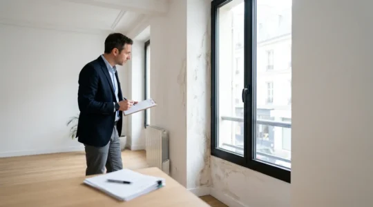 Expert examinant des infiltrations d'eau autour d'une fenêtre avec documents d'assurance sur table