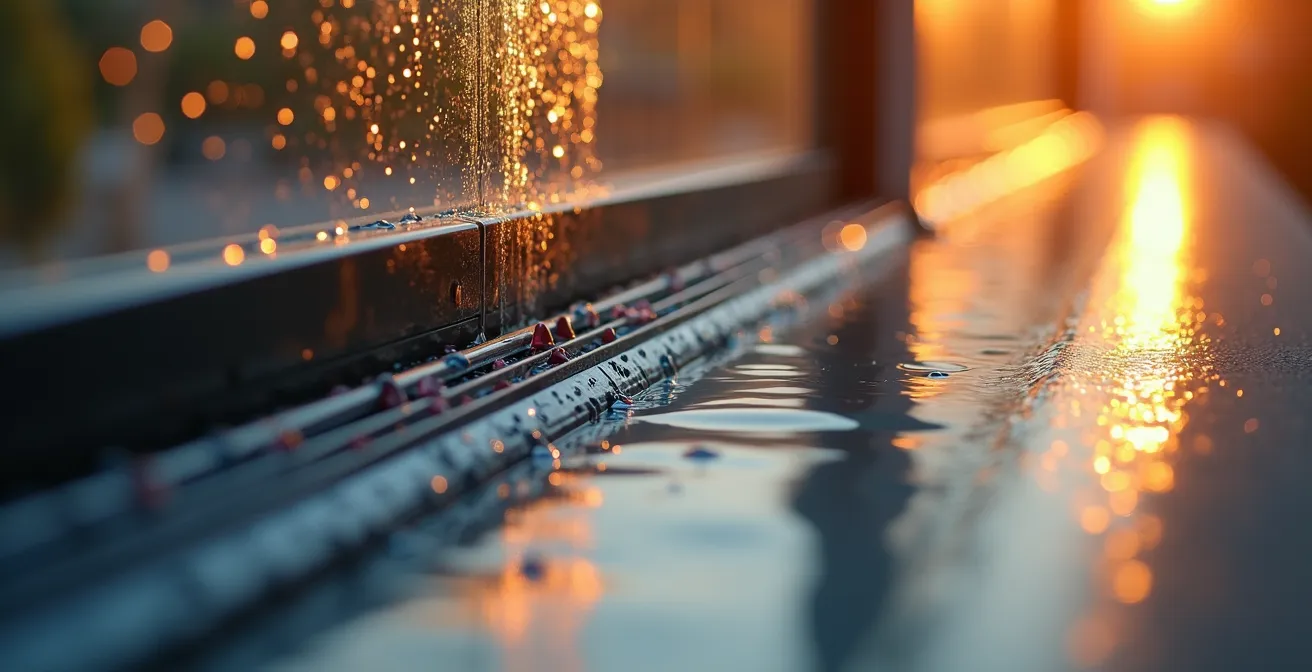 Vue en coupe du système de rejet d'eau et joint brosse d'une fenêtre
