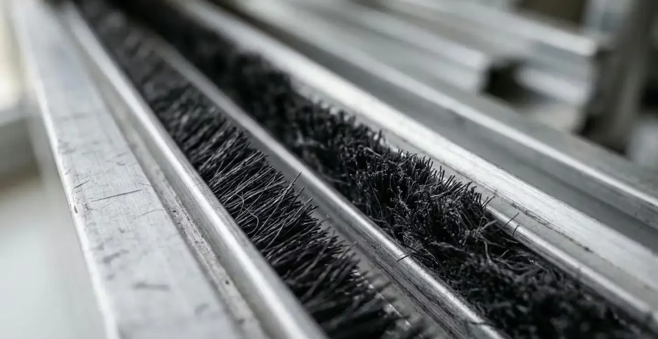 Gros plan sur les joints brosse d'une baie coulissante en aluminium