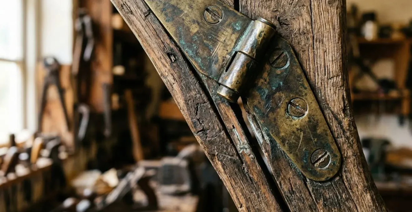 Gros plan sur des paumelles anciennes en laiton d'une fenêtre en bois montrant l'usure et les points de contrôle