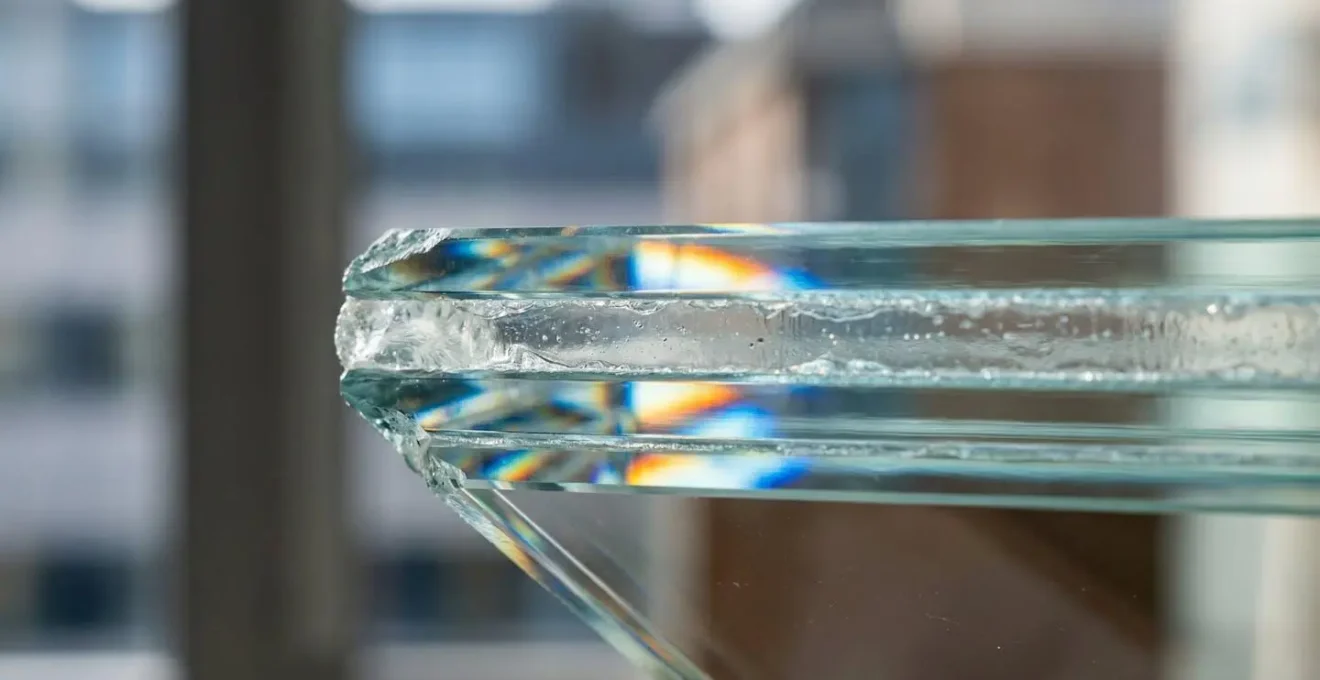 Vue macro d'un double vitrage feuilleté montrant les couches de protection et la structure multicouche du verre de sécurité