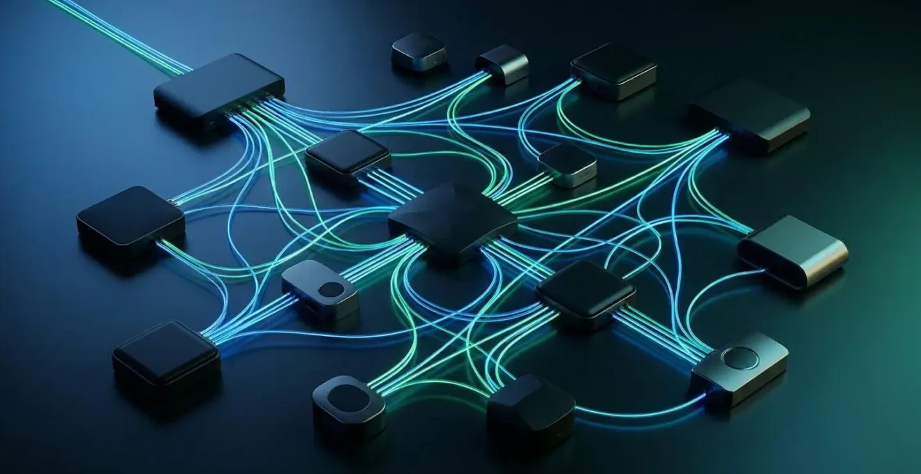 Représentation abstraite d'un écosystème domotique avec des connexions entre différents appareils