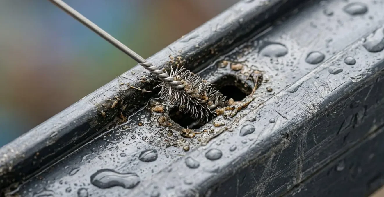 Vue macro détaillée des trous de drainage d'une fenêtre en cours de nettoyage